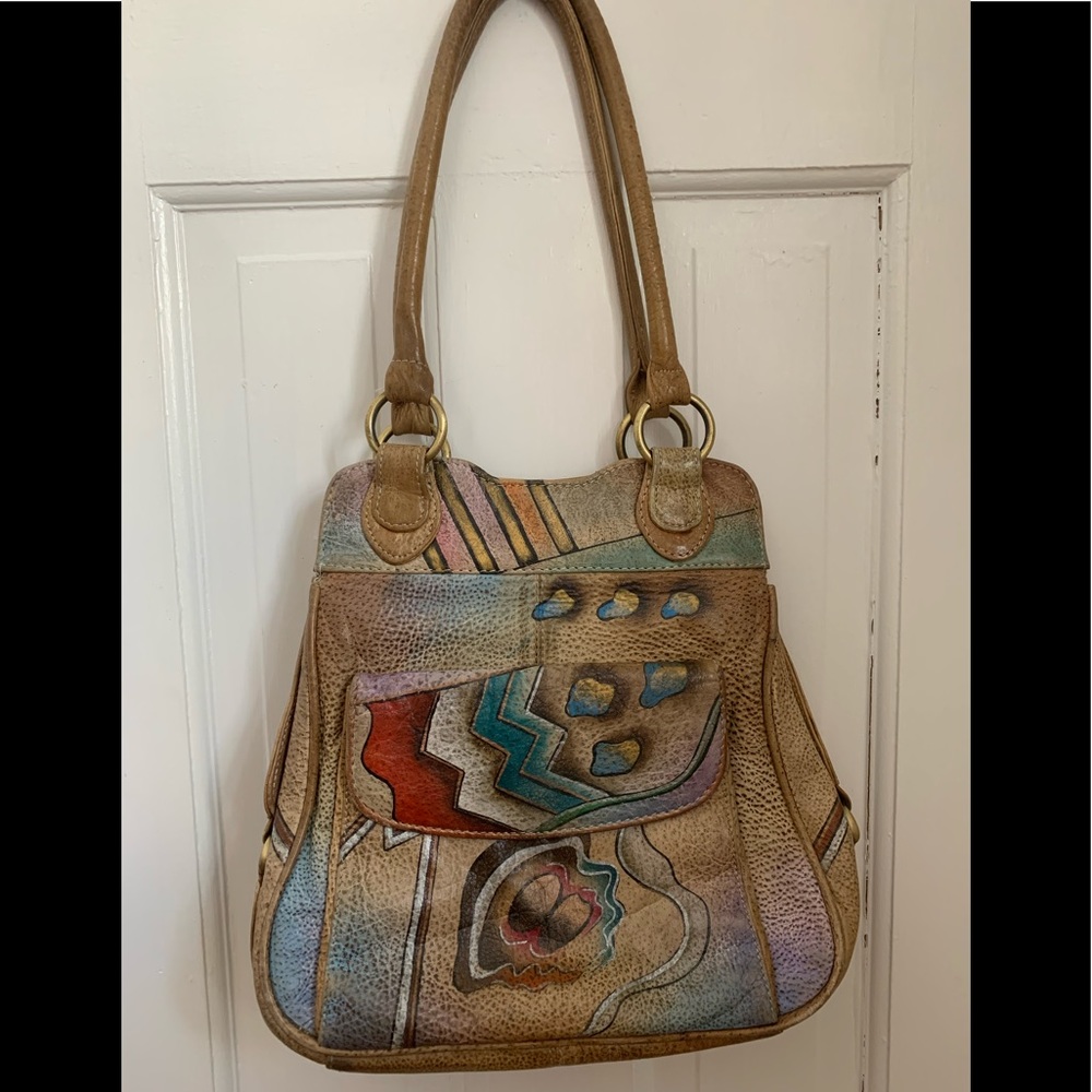 BIACCI Genuine Leather Multicolor Handbag w/Abstract Artsy Design